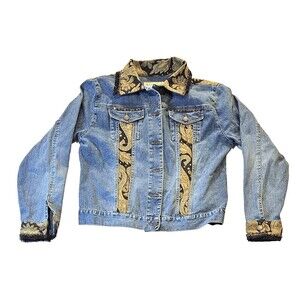 Too She She Denim Jacket Women Size M Blue Jean Paisley Trim Stretch